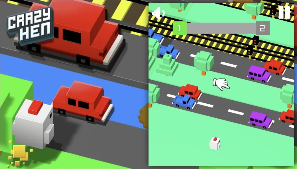 Crazy Hen on Famobi, showing the chicken crossing roads with cars and trains