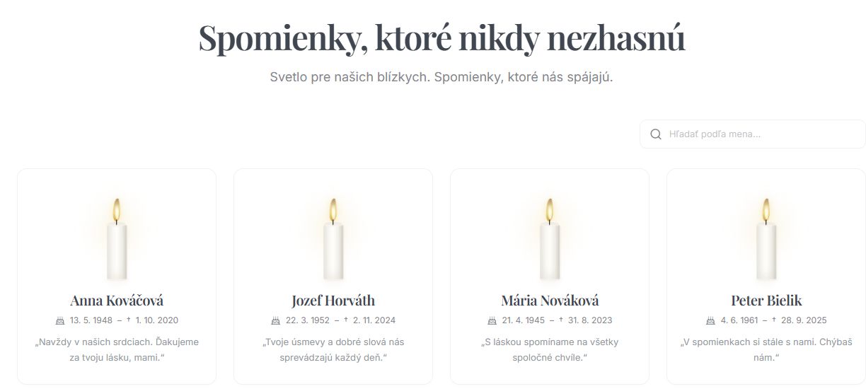 dusicky.sk candle gallery interface with search and sample memorial cards