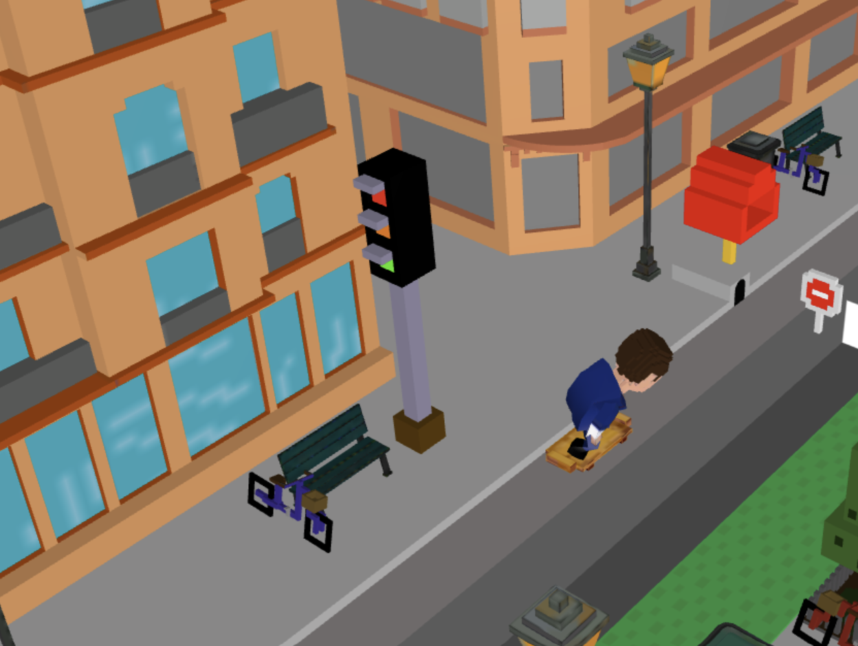 Macron campaign gameplay with a character riding through a low-poly city street