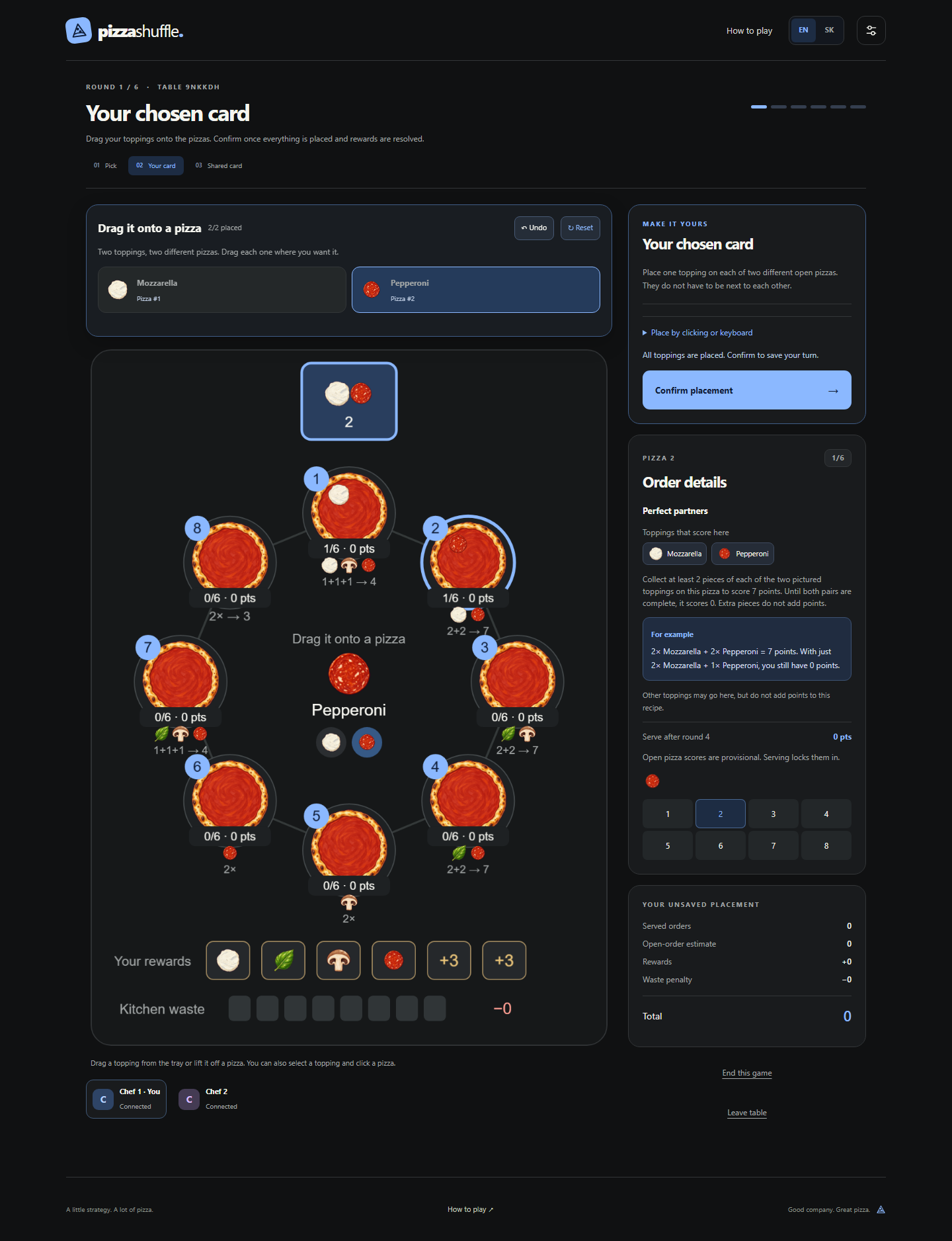 Pizza Shuffle gameplay close-up with eight pizzas, ingredient placements and individual order scores